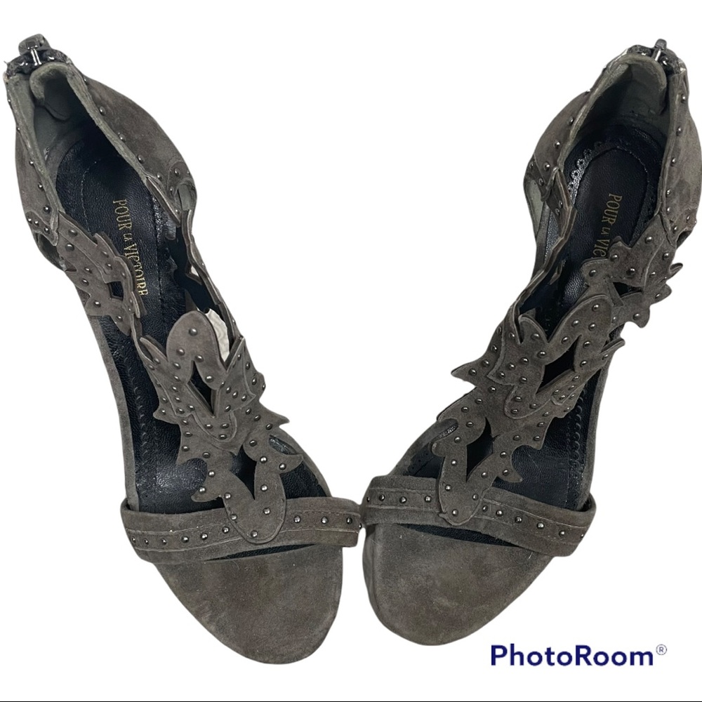 POUR LA VICTOIRE Vassy Studded Suede Heel Sandals Charcoal Grey 6.5 - Picture 5 of 16